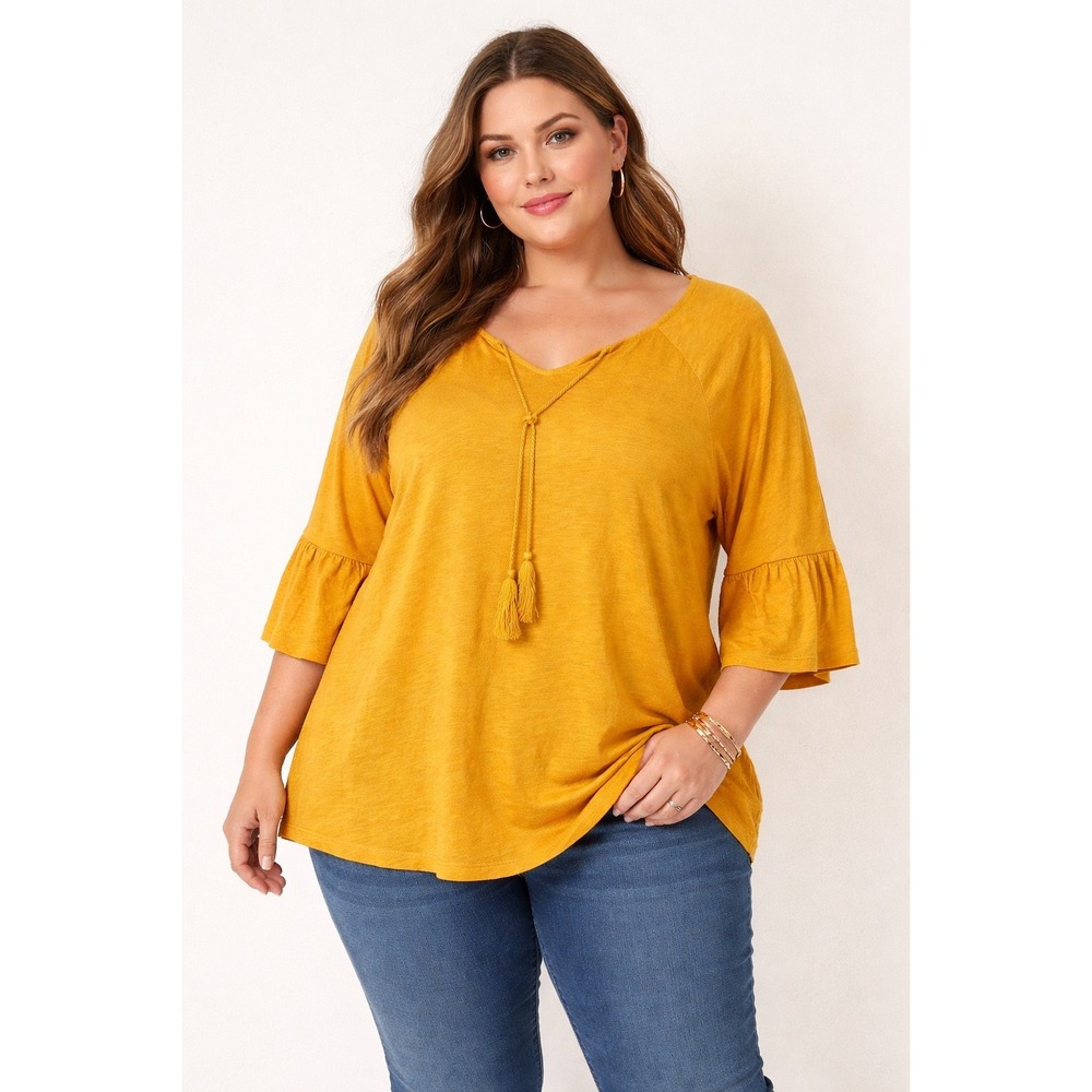 Cj Banks Top Womens 3X Mustard Yellow Tassel V-Neck Ruffle Sleeve Cotton Boho